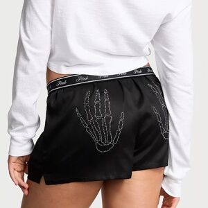 Victoria's Secret PINK Tencel Boxy Pajama Shorts Black Skeleton Diamante S NEW